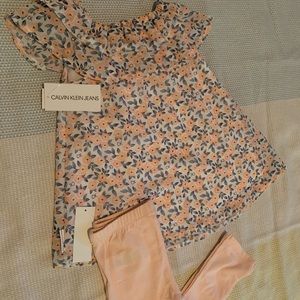NWT Calvin Klein Ruffled Top and Leggings Girls Spring Outfit Floral Pink 4T